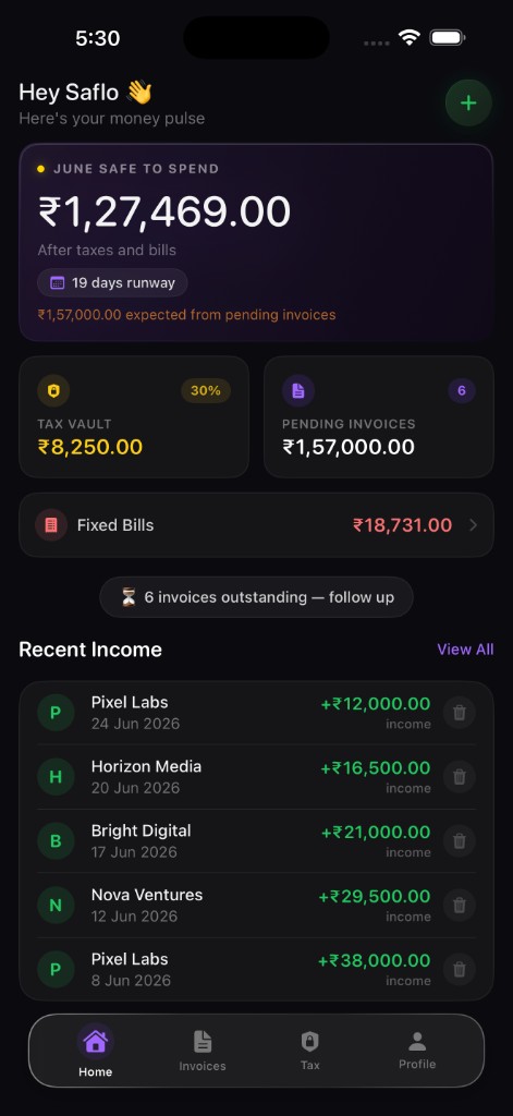 Saflo home screen