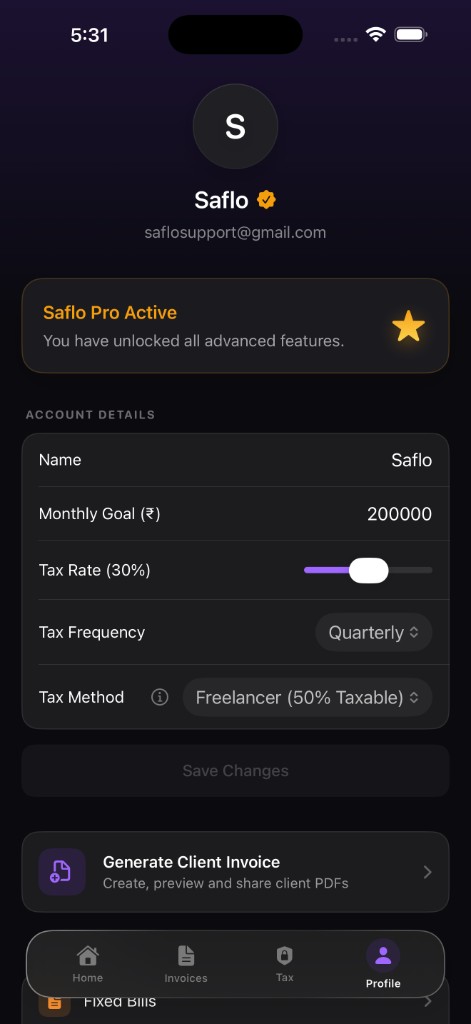 Saflo profile and settings